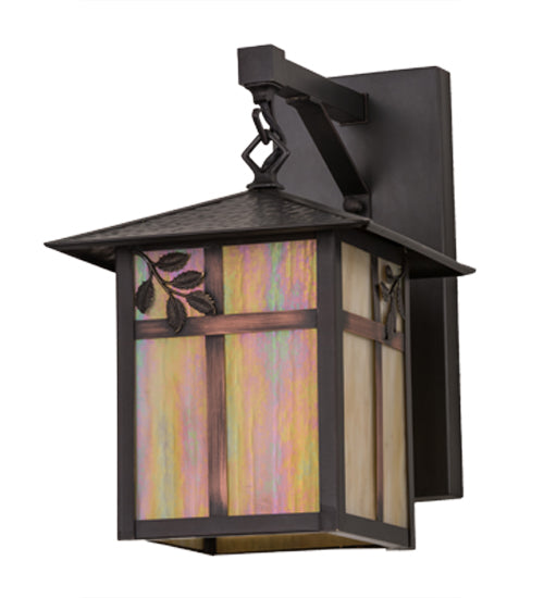 Meyda Lighting Seneca 9" Craftsman Brown Sprig Hanging Wall Sconce With Beige Iridescent Art Shade Glass