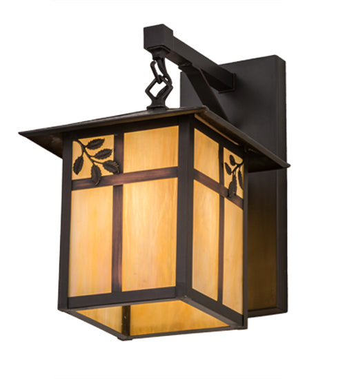 Meyda Lighting Seneca 9" Craftsman Brown Sprig Hanging Wall Sconce With Beige Iridescent Art Shade Glass