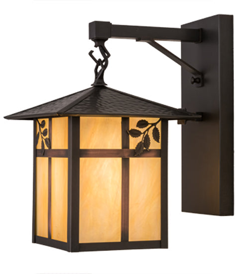 Meyda Lighting Seneca 9" Craftsman Brown Sprig Hanging Wall Sconce With Beige Iridescent Art Shade Glass