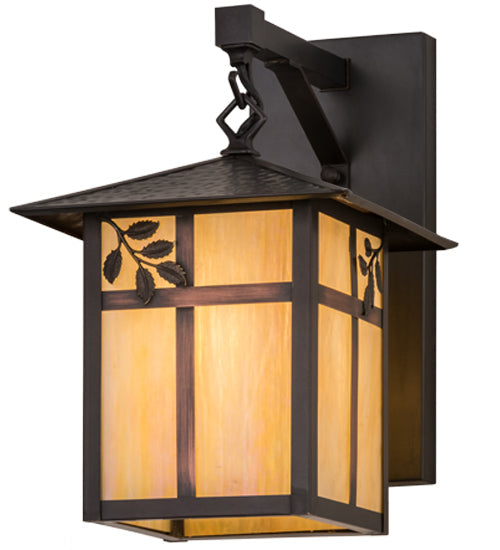 Meyda Lighting Seneca 9" Craftsman Brown Sprig Hanging Wall Sconce With Beige Iridescent Art Shade Glass