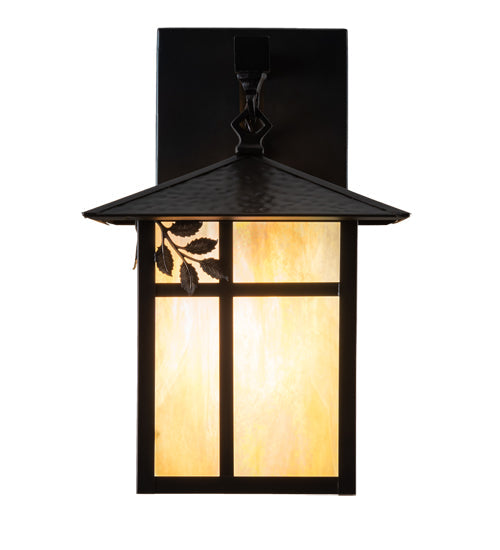 Meyda Lighting Seneca 9" Craftsman Brown Sprig Hanging Wall Sconce With Beige Iridescent Shade Glass