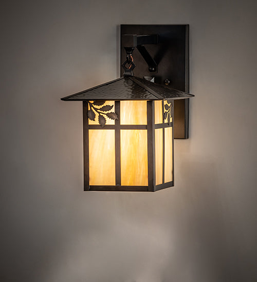 Meyda Lighting Seneca 9" Craftsman Brown Sprig Wall Sconce With Beige Iridescent Shade Glass