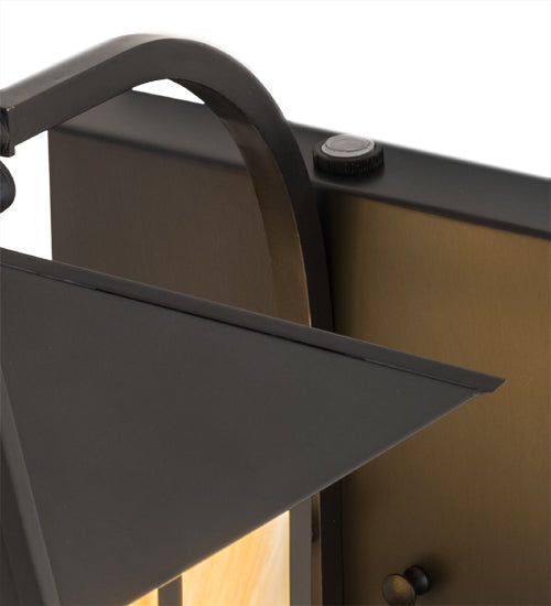 Meyda Lighting Seneca 9" Craftsman Brown "T" Mission Curved Arm Wall Sconce With Beige Iridescent Art Shade Glass