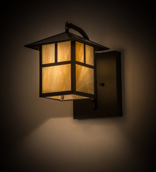 Meyda Lighting Seneca 9" Craftsman Brown "T" Mission Curved Arm Wall Sconce With Beige Iridescent Art Shade Glass