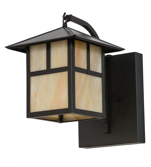 Meyda Lighting Seneca 9" Craftsman Brown "T" Mission Curved Arm Wall Sconce With Beige Iridescent Art Shade Glass