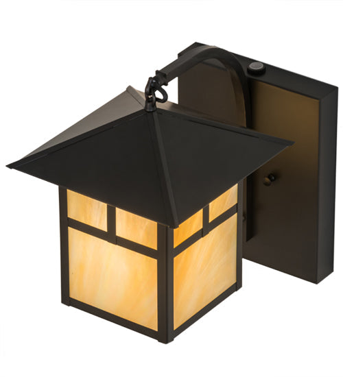 Meyda Lighting Seneca 9" Craftsman Brown "T" Mission Curved Arm Wall Sconce With Beige Iridescent Art Shade Glass