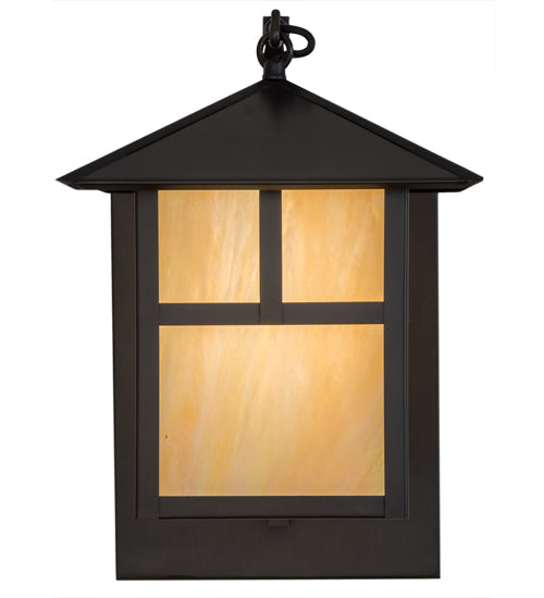 Meyda Lighting Seneca 9" Craftsman Brown "T" Mission Curved Arm Wall Sconce With Beige Iridescent Art Shade Glass