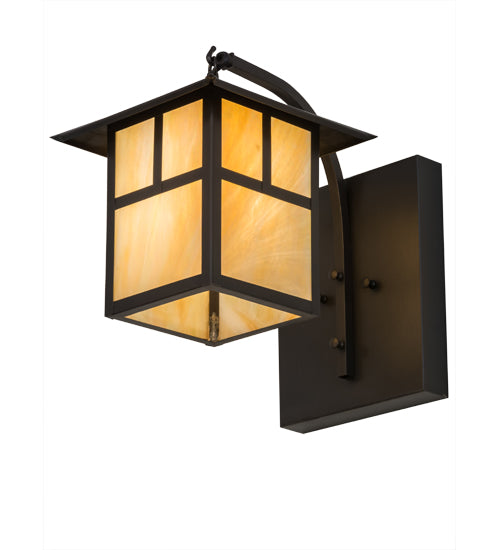 Meyda Lighting Seneca 9" Craftsman Brown "T" Mission Curved Arm Wall Sconce With Beige Iridescent Art Shade Glass
