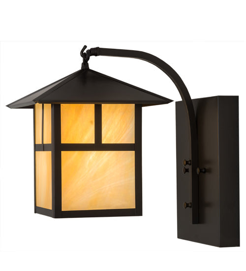Meyda Lighting Seneca 9" Craftsman Brown "T" Mission Curved Arm Wall Sconce With Beige Iridescent Art Shade Glass