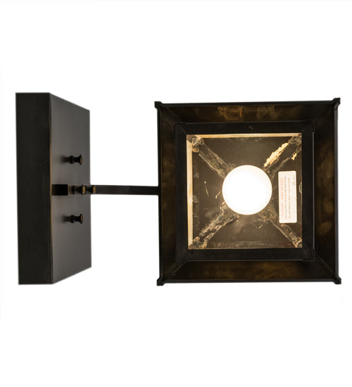 Meyda Lighting Seneca 9" Craftsman Brown "T" Mission Curved Arm Wall Sconce With Beige Iridescent Art Shade Glass