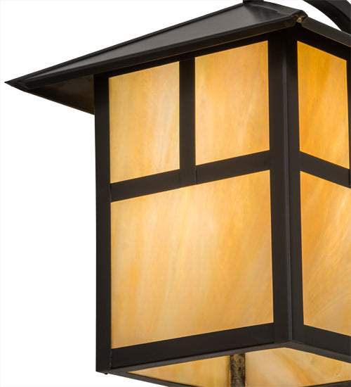 Meyda Lighting Seneca 9" Craftsman Brown "T" Mission Curved Arm Wall Sconce With Beige Iridescent Art Shade Glass