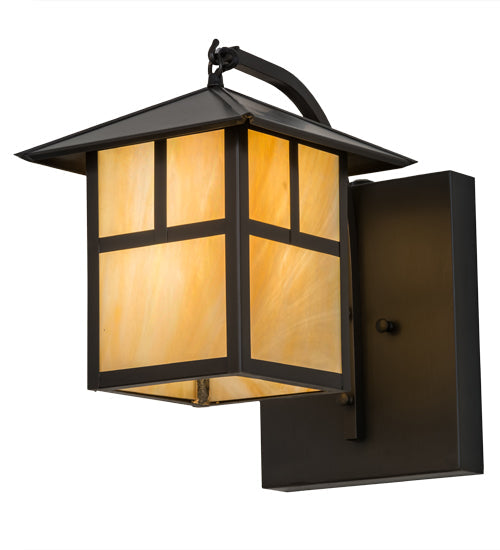 Meyda Lighting Seneca 9" Craftsman Brown "T" Mission Curved Arm Wall Sconce With Beige Iridescent Art Shade Glass