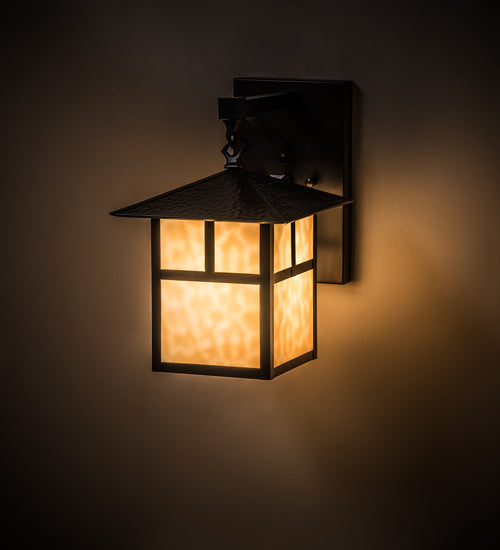 Meyda Lighting Seneca 9" Craftsman Brown "T" Mission Straight Arm Wall Sconce With Beige Art Shade Glass