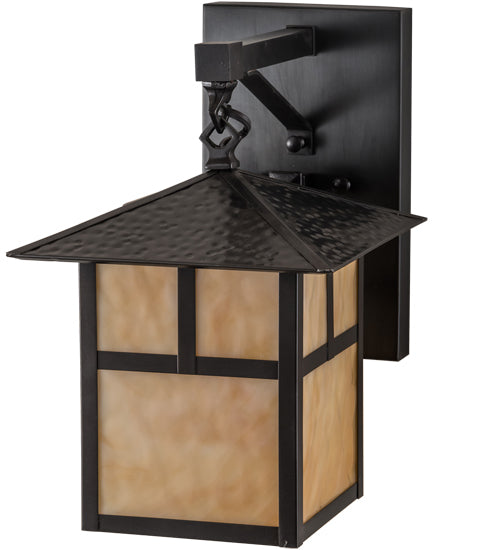Meyda Lighting Seneca 9" Craftsman Brown "T" Mission Straight Arm Wall Sconce With Beige Art Shade Glass