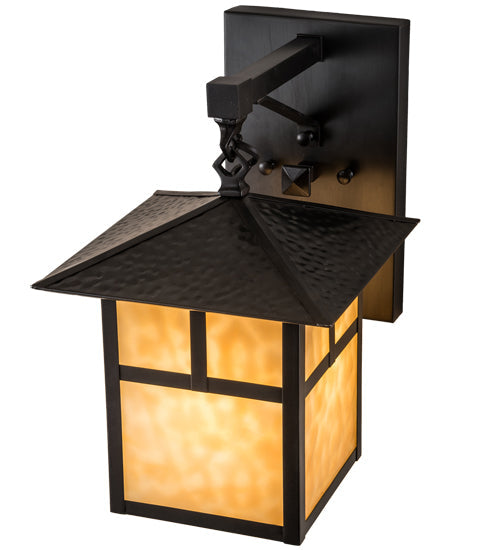 Meyda Lighting Seneca 9" Craftsman Brown "T" Mission Straight Arm Wall Sconce With Beige Art Shade Glass