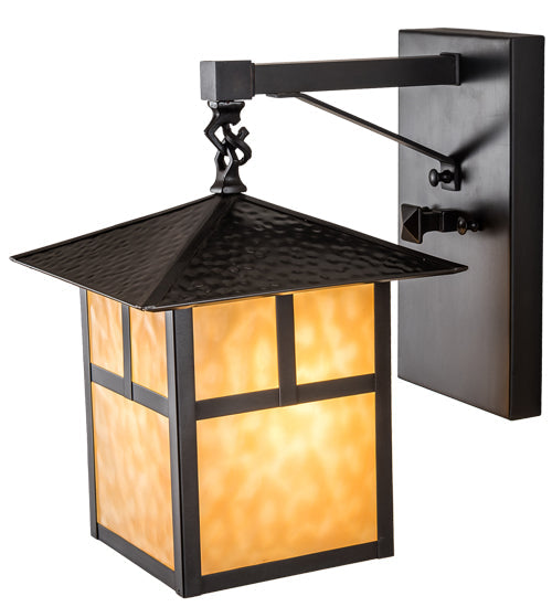 Meyda Lighting Seneca 9" Craftsman Brown "T" Mission Straight Arm Wall Sconce With Beige Art Shade Glass
