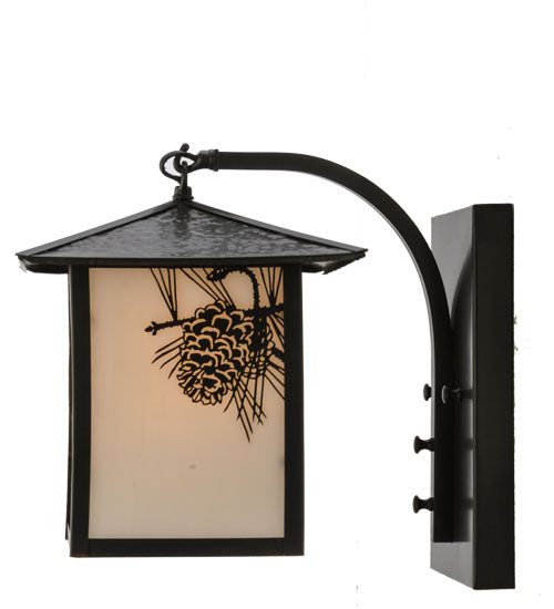 Meyda Lighting Seneca 9" Craftsman Brown Winter Pine Curved Arm Wall Sconce With White Art Shade Glass