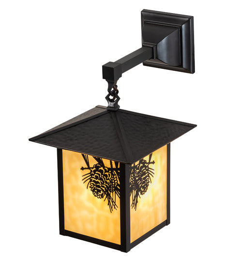 Meyda Lighting Seneca 9" Craftsman Brown Winter Pine Hanging Wall Sconce With Beige Shade Glass