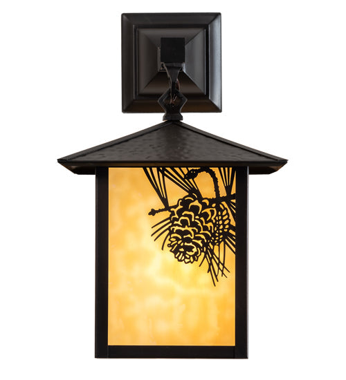 Meyda Lighting Seneca 9" Craftsman Brown Winter Pine Hanging Wall Sconce With Beige Shade Glass