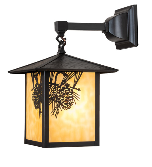 Meyda Lighting Seneca 9" Craftsman Brown Winter Pine Hanging Wall Sconce With Beige Shade Glass