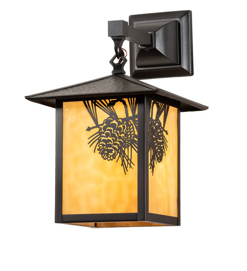 Meyda Lighting Seneca 9" Craftsman Brown Winter Pine Hanging Wall Sconce With Beige Shade Glass