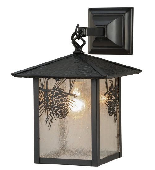 Meyda Lighting Seneca 9" Craftsman Brown Winter Pine Hanging Wall Sconce With Clear Seeded Shade Glass