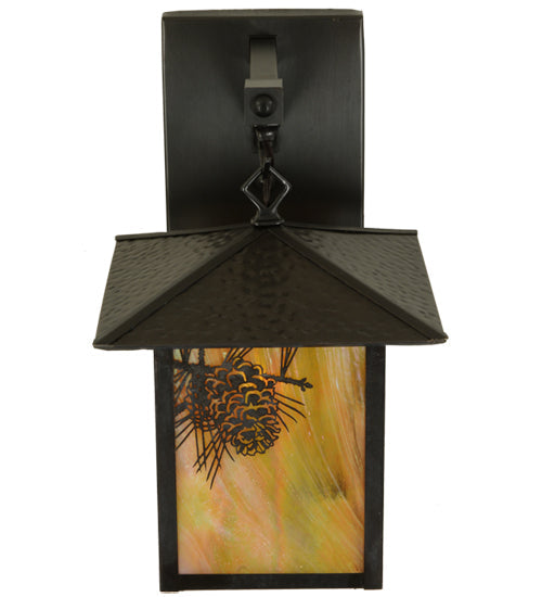 Meyda Lighting Seneca 9" Craftsman Brown Winter Pine Straight Arm Wall Sconce With Beige Iridescent Shade Glass