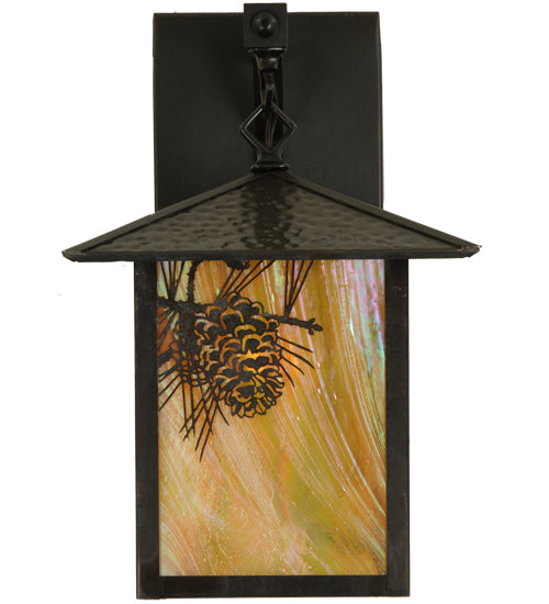 Meyda Lighting Seneca 9" Craftsman Brown Winter Pine Straight Arm Wall Sconce With Beige Iridescent Shade Glass