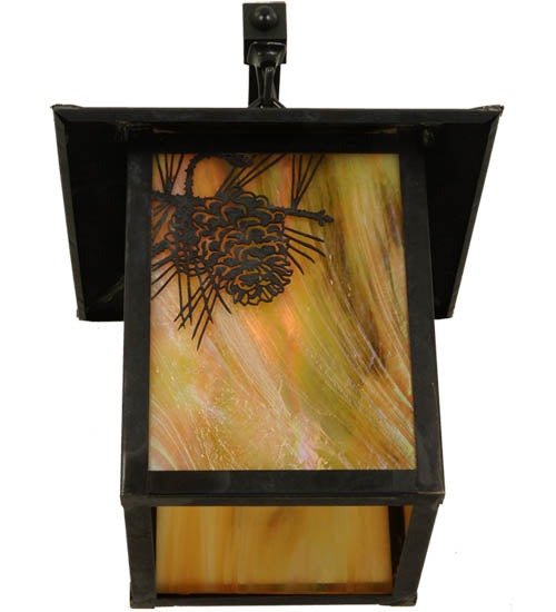 Meyda Lighting Seneca 9" Craftsman Brown Winter Pine Straight Arm Wall Sconce With Beige Iridescent Shade Glass