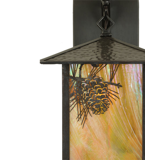 Meyda Lighting Seneca 9" Craftsman Brown Winter Pine Straight Arm Wall Sconce With Beige Iridescent Shade Glass