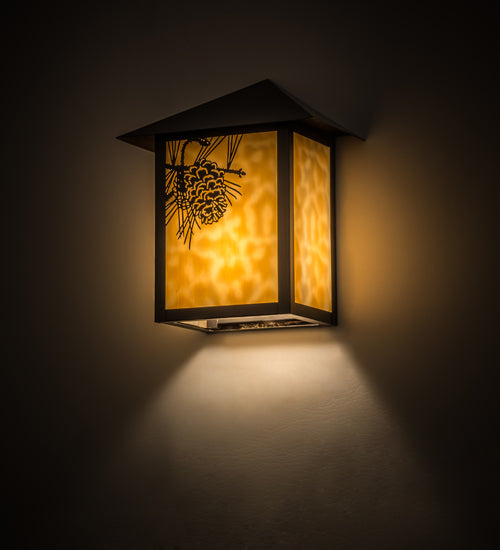 Meyda Lighting Seneca 9" Craftsman Brown Winter Pine Wall Sconce With Beige Art Shade Glass