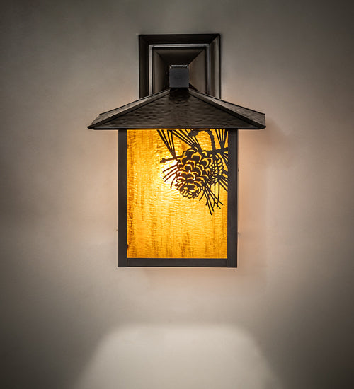 Meyda Lighting Seneca 9" Craftsman Brown Winter Pine Wall Sconce With Honey Art Shade Glass