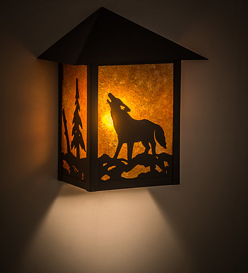 Meyda Lighting Seneca 9" Craftsman Brown Wolf on the Loose Wall Sconce With Amber Mica Shade Glass