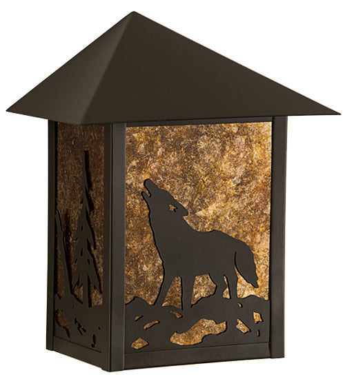 Meyda Lighting Seneca 9" Craftsman Brown Wolf on the Loose Wall Sconce With Amber Mica Shade Glass