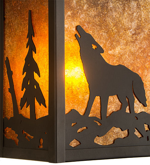 Meyda Lighting Seneca 9" Craftsman Brown Wolf on the Loose Wall Sconce With Amber Mica Shade Glass