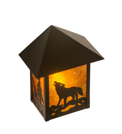 Meyda Lighting Seneca 9" Craftsman Brown Wolf on the Loose Wall Sconce With Amber Mica Shade Glass