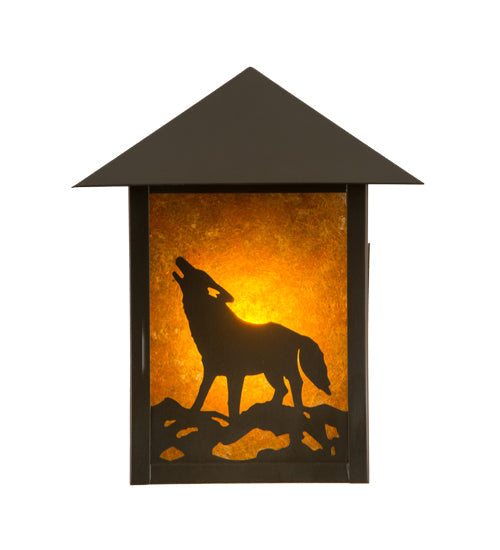 Meyda Lighting Seneca 9" Craftsman Brown Wolf on the Loose Wall Sconce With Amber Mica Shade Glass