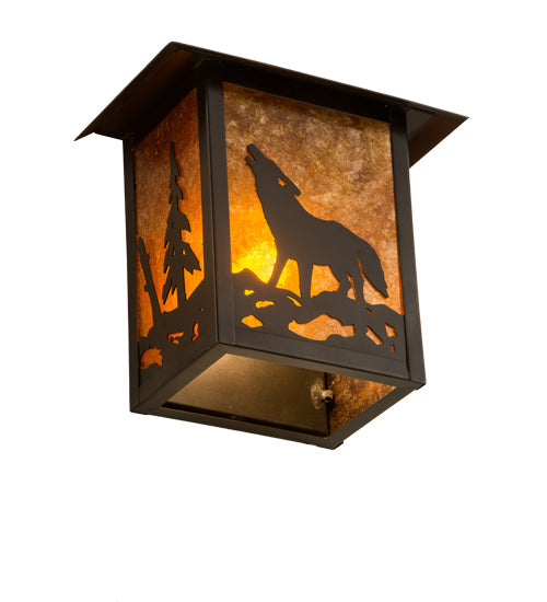 Meyda Lighting Seneca 9" Craftsman Brown Wolf on the Loose Wall Sconce With Amber Mica Shade Glass