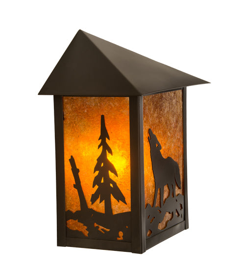 Meyda Lighting Seneca 9" Craftsman Brown Wolf on the Loose Wall Sconce With Amber Mica Shade Glass