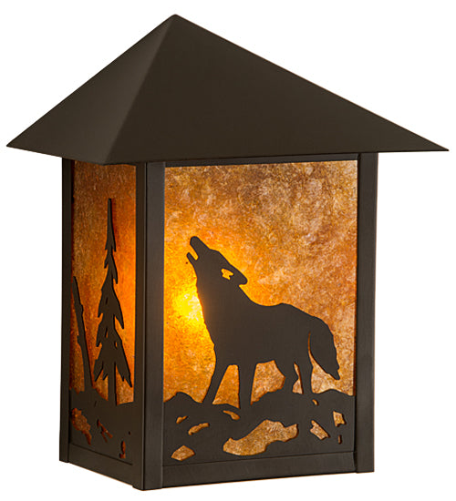 Meyda Lighting Seneca 9" Craftsman Brown Wolf on the Loose Wall Sconce With Amber Mica Shade Glass