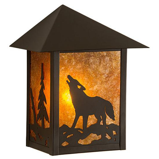 Meyda Lighting Seneca 9" Craftsman Brown Wolf on the Loose Wall Sconce With Amber Mica Shade Glass