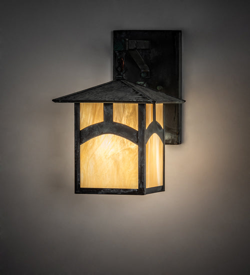 Meyda Lighting Seneca 9" Craftsman Verdigris Hill Top Straight Arm Wall Sconce With Beige Iridescent Shade Glass