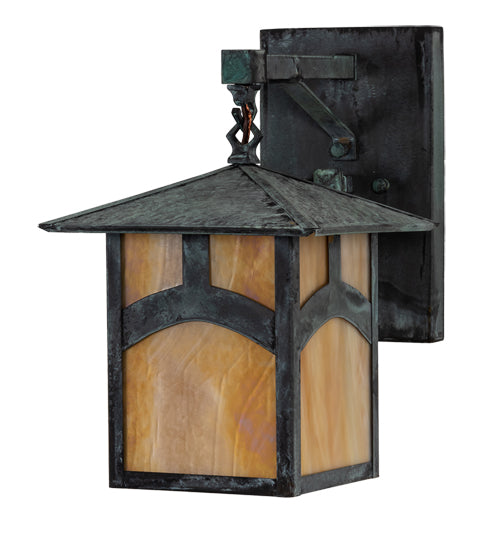 Meyda Lighting Seneca 9" Craftsman Verdigris Hill Top Straight Arm Wall Sconce With Beige Iridescent Shade Glass