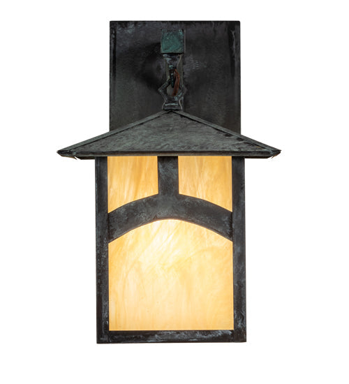 Meyda Lighting Seneca 9" Craftsman Verdigris Hill Top Straight Arm Wall Sconce With Beige Iridescent Shade Glass