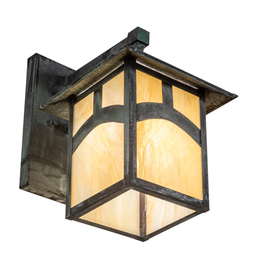 Meyda Lighting Seneca 9" Craftsman Verdigris Hill Top Straight Arm Wall Sconce With Beige Iridescent Shade Glass