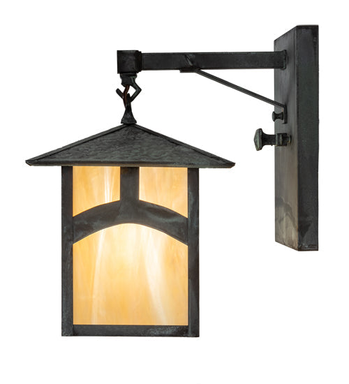 Meyda Lighting Seneca 9" Craftsman Verdigris Hill Top Straight Arm Wall Sconce With Beige Iridescent Shade Glass