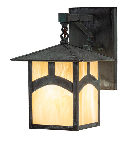 Meyda Lighting Seneca 9" Craftsman Verdigris Hill Top Straight Arm Wall Sconce With Beige Iridescent Shade Glass