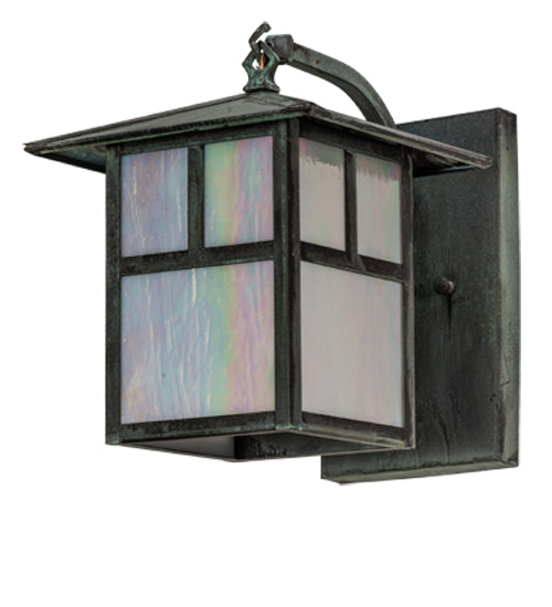 Meyda Lighting Seneca 9" Craftsman Verdigris On Copper "T" Mission Curved Arm Wall Sconce With White Iridescent Shade Glass