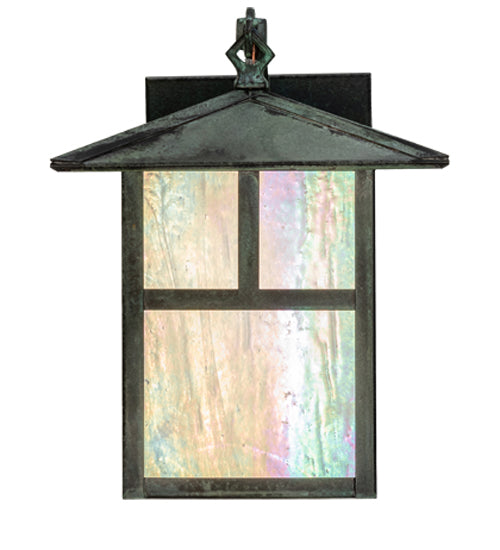 Meyda Lighting Seneca 9" Craftsman Verdigris On Copper "T" Mission Curved Arm Wall Sconce With White Iridescent Shade Glass