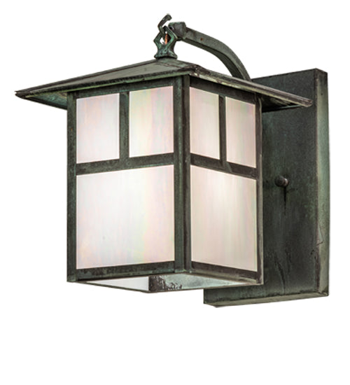 Meyda Lighting Seneca 9" Craftsman Verdigris On Copper "T" Mission Curved Arm Wall Sconce With White Iridescent Shade Glass